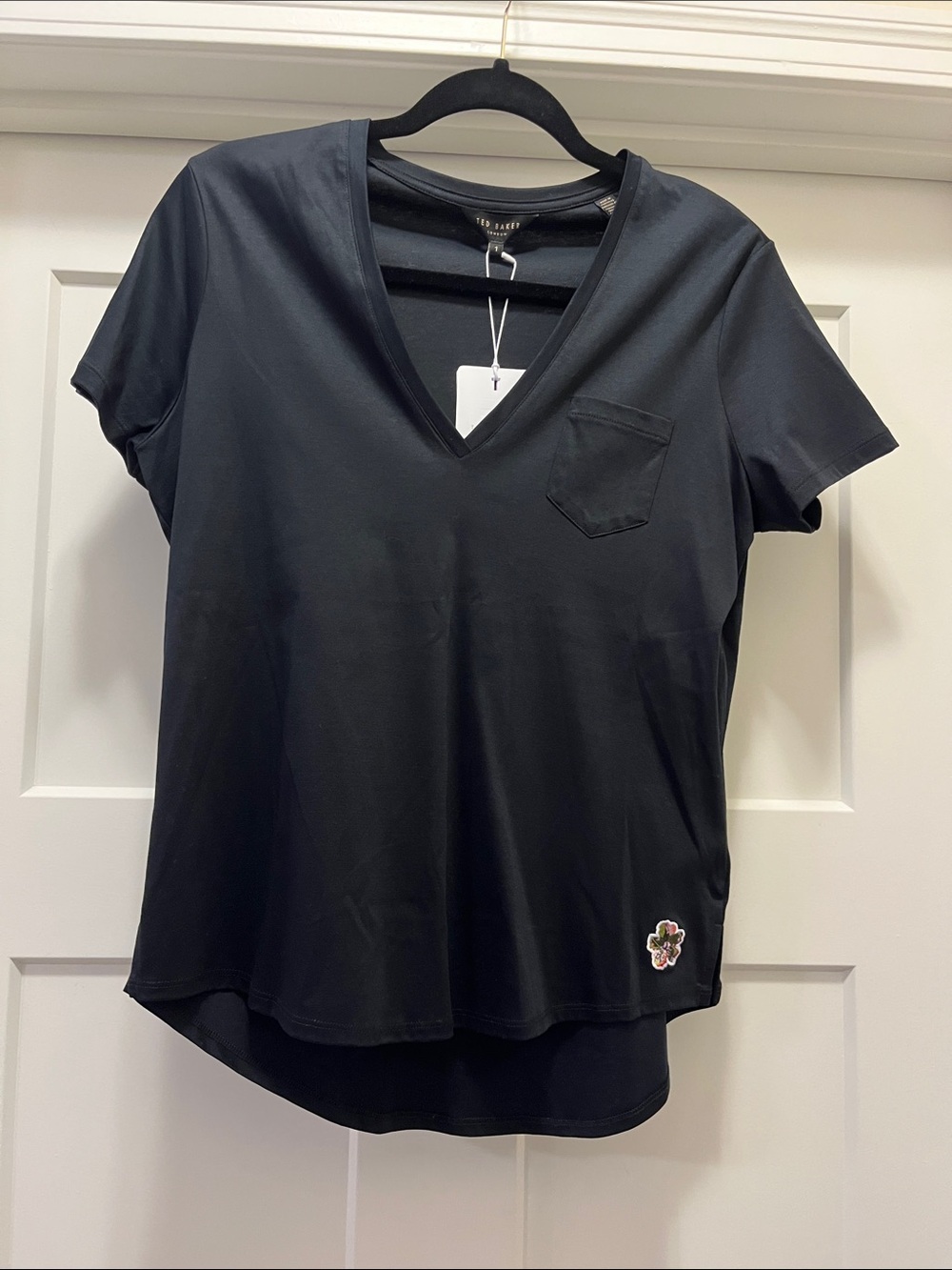 Ted Baker Black V-Neck Short Sleeve Tee with Floral Hem Patch